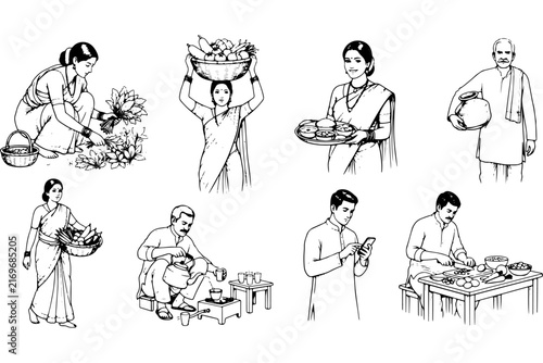 Rural Indian Lifestyle Scenes Vintage Black Ink Line Art