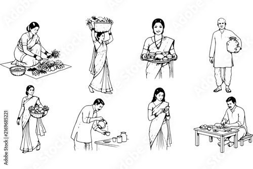 Rural Indian People Daily Activities Vintage Line Art Set