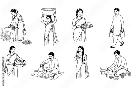 Traditional Indian Village Life Activities Hand Drawn Line Art