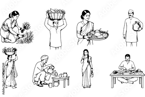 Traditional Indian Village People Daily Activities Ink Sketches