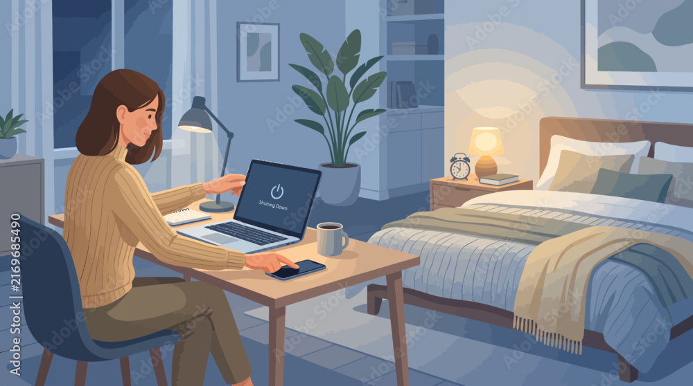 Fototapeta premium A woman working on her laptop in a cozy room at night, with a bed and plants in the background