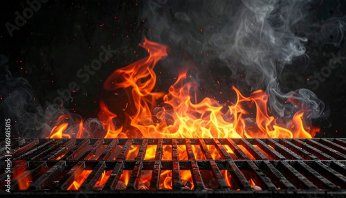 Empty cast iron barbecue grill with raging fire flames, smoke, and sparks on a dark background.