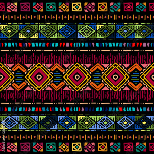 Folk geometric seamless pattern. Tribal motif. Mexican border vector background. Multicolor bright zigzag stripe print