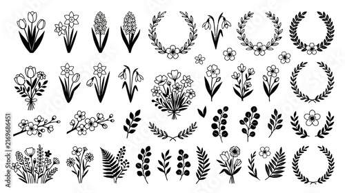 Hand-drawn floral elements, botanical illustrations, spring flowers, wreaths, branches