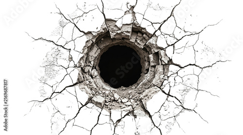 Quadro su tela Cracked hole with broken wall texture isolated on a transparent background