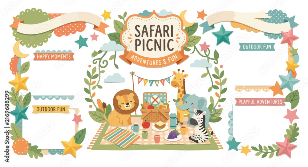 Fototapeta premium A cute vector scrapbook layout featuring adorable safari animals having a picnic with blank space for memories.