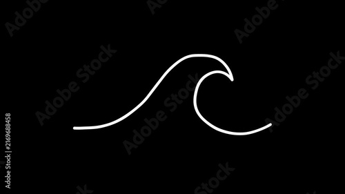 Hand-drawn animation of ocean wave curves, cartoon doodle concept, black background, 4K video.