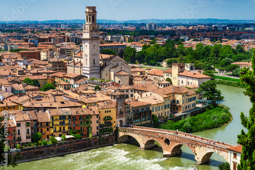 High Angle View of Verona Cityscape with Ponte Pietra and Cathedral Tower Overlooking Adige River, Italy
