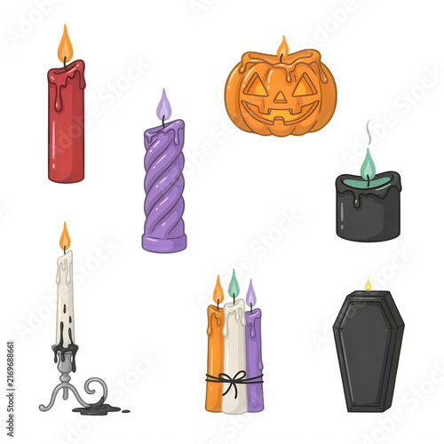 Halloween candles including pumpkin and coffin shapes burning with festive light isolated on transparent background