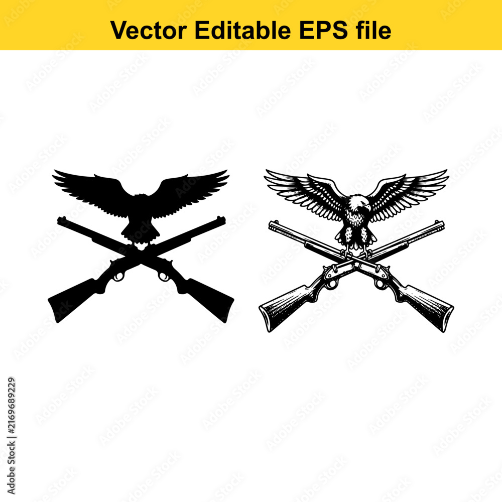Fototapeta premium Eagle and crossed hunting rifles icon set