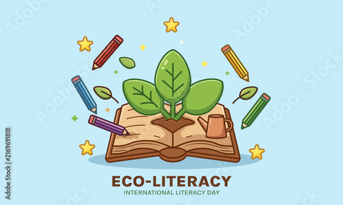 eco literacy international day cartoon book sprout vector