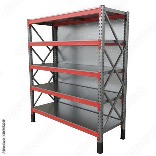A sturdy metal industrial shelving unit with five shelves for warehouse and garage storage isolated on transparent background , PNG