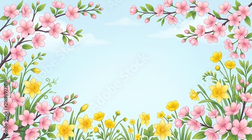 Spring floral frame with pink and yellow wildflowers.