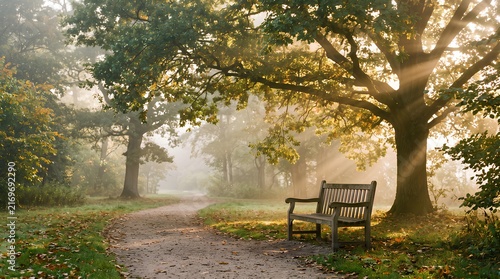 Foggy morning park path with sunbeams and bench.