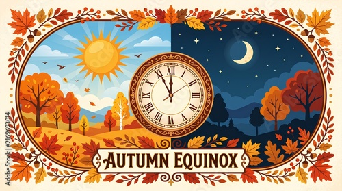 Autumn Equinox illustration with sun, moon, and clock face.