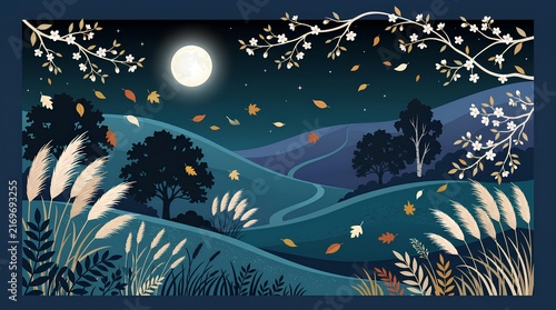 Stylized nighttime landscape illustration with rolling hills, moon, and silhouette foliage.