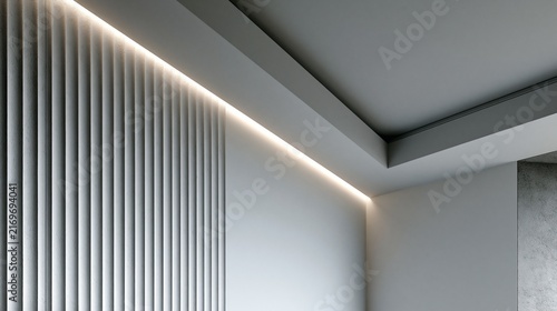 Modern interior wall with vertical slats and integrated LED ceiling cove lighting design.