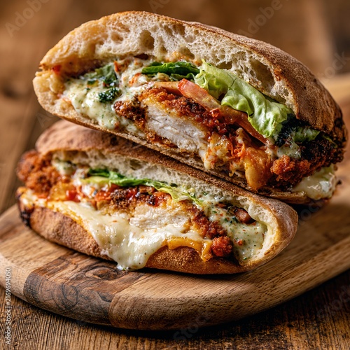Crispy chicken panuozzo sandwich with melted cheese on a rustic wooden board
