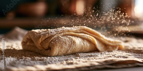 Raw dough being folded on a floured surface with flour particles in the air