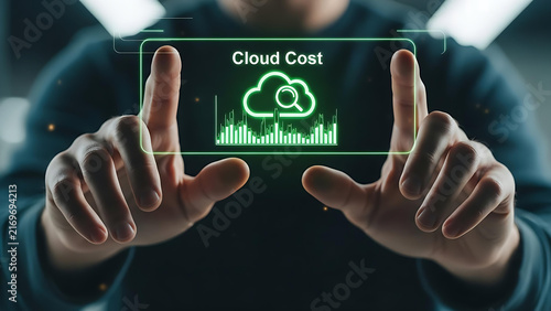 Businessman Interacting with Cloud Cost Analytics Interface for Cloud Computing Expenses, Data Management, Financial Analysis, Technology Budgeting, Digital Infrastructure, and Business Strategy