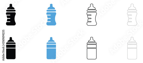 Baby bottle vector icon, baby milk feeding bottle symbol vector, silhouette and outline isolated on transparent background