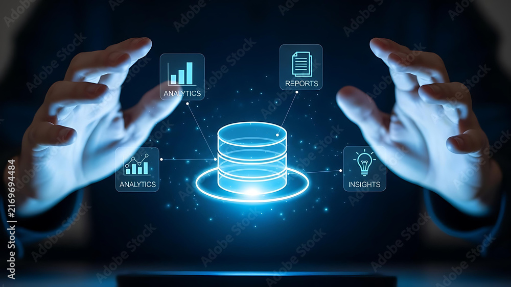 Fototapeta premium Businessman Interacting with Futuristic Cloud Computing Interface for Digital Data Storage, Database Management, Business Analytics, Network Infrastructure, Online Services, and Technology Innovation