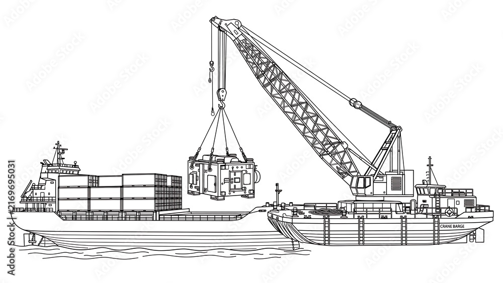 Fototapeta premium Cargo ship crane loading containers white background.