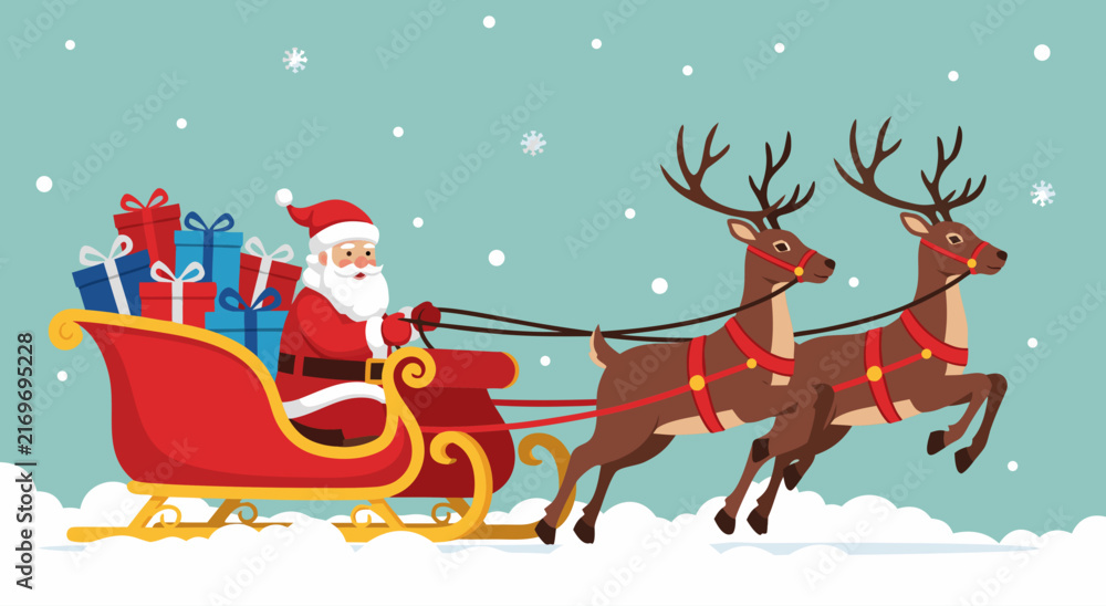 Fototapeta premium Animated Christmas Eve Sleigh Ride Featuring a Festive Character Pulled by Reindeer Across a Snowy Landscape Illustration