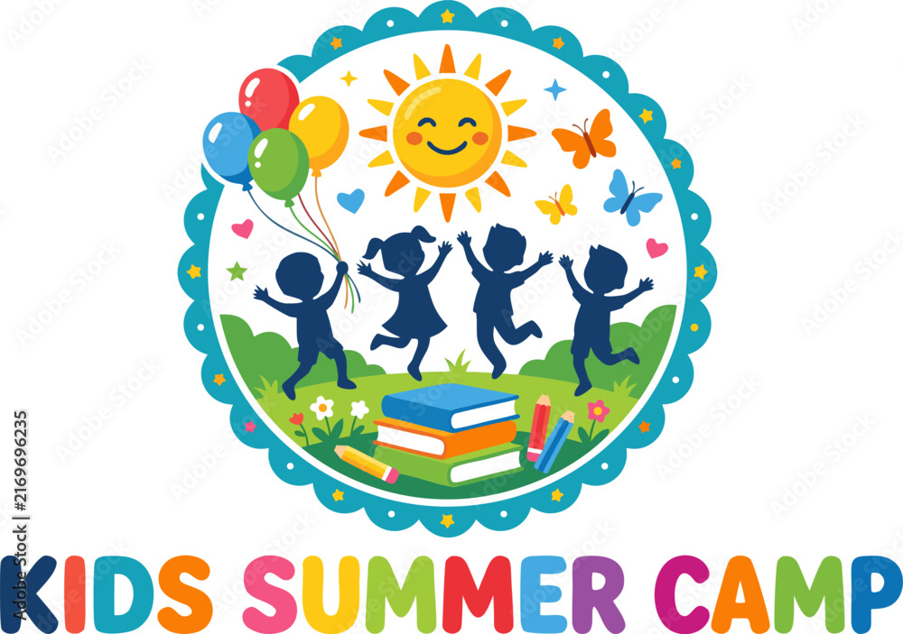Naklejka premium Kids Summer Camp Logo Vector Badge with Happy Children, Sun, Balloons, and Books