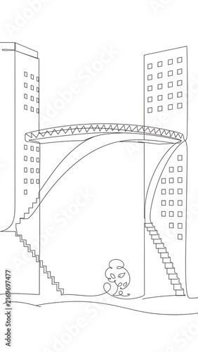 Cartoon character under bridge white background.