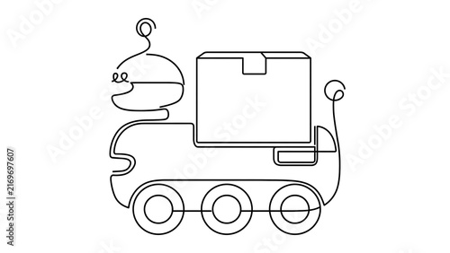 Cartoon delivery robot with box on white background.