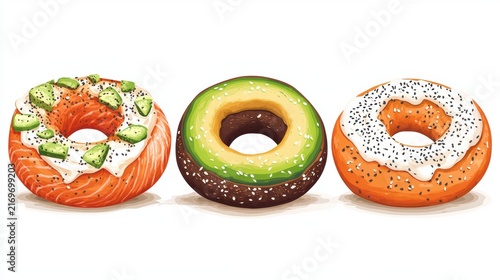 Fresh bagels,smoked salmon bagel ,cream cheese bagel,avocadobagel,sesame,menu,banner,branding,Bakery brunch time,healthy food,wellness care concept.