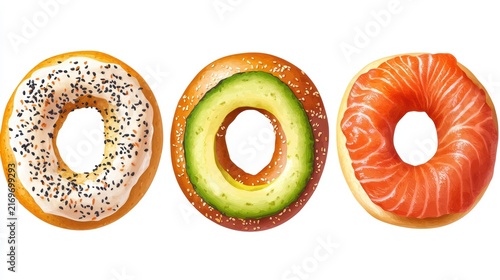 Fresh bagels,smoked salmon bagel ,cream cheese bagel,avocadobagel,sesame,menu,banner,branding,Bakery brunch time,healthy food,wellness care concept.