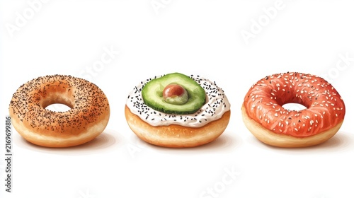Fresh bagels,smoked salmon bagel ,cream cheese bagel,avocadobagel,sesame,menu,banner,branding,Bakery brunch time,healthy food,wellness care concept.