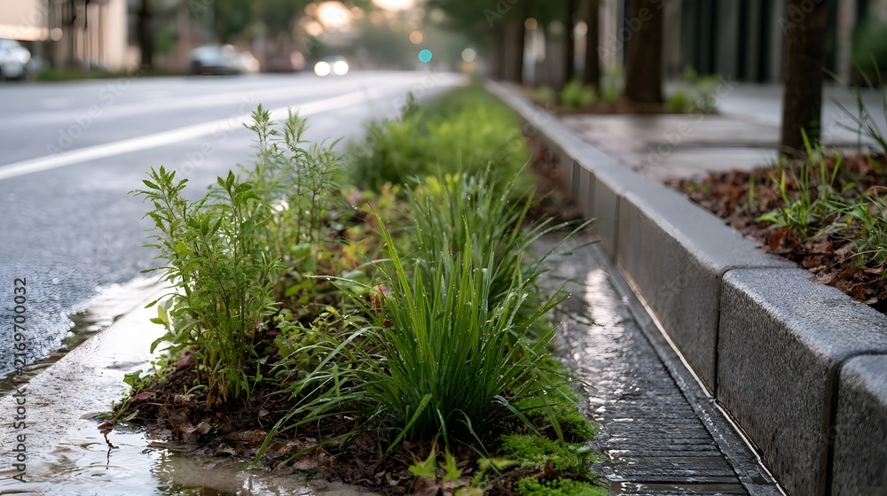 Obraz premium Fresh green plants grow in a wet urban roadside garden beside a concrete curb with blurred city street in background