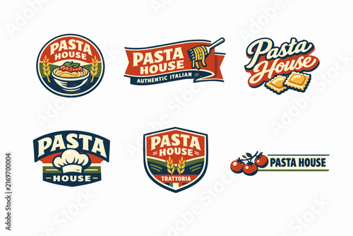 Pasta house restaurant logos collection featuring italian food concepts, chef hat, spaghetti, ravioli, and cherry tomatoes