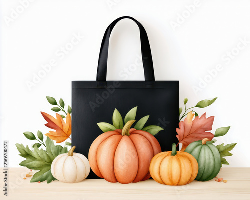 Black tote bag with autumn pumpkin and fall leaves decoration on wooden table, cozy seasonal harvest design