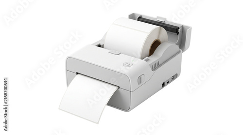 Foto Modern thermal label printer featuring blank paper roll and white plastic casing
