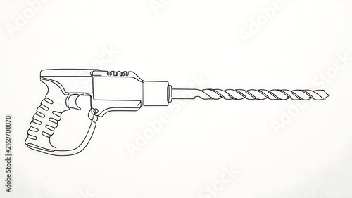 Cordless drill with drill bit white background.