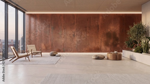 Modern Minimalist Interior with Copper Wall and City View