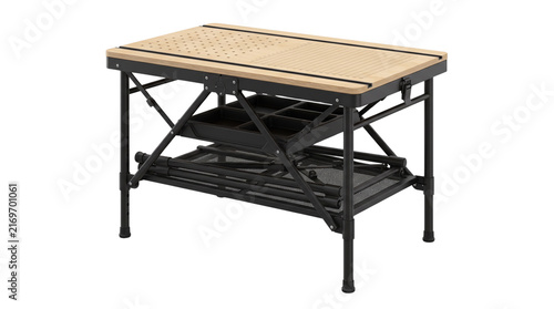 фотографія Portable folding workbench featuring sturdy black metal frame with light wooden