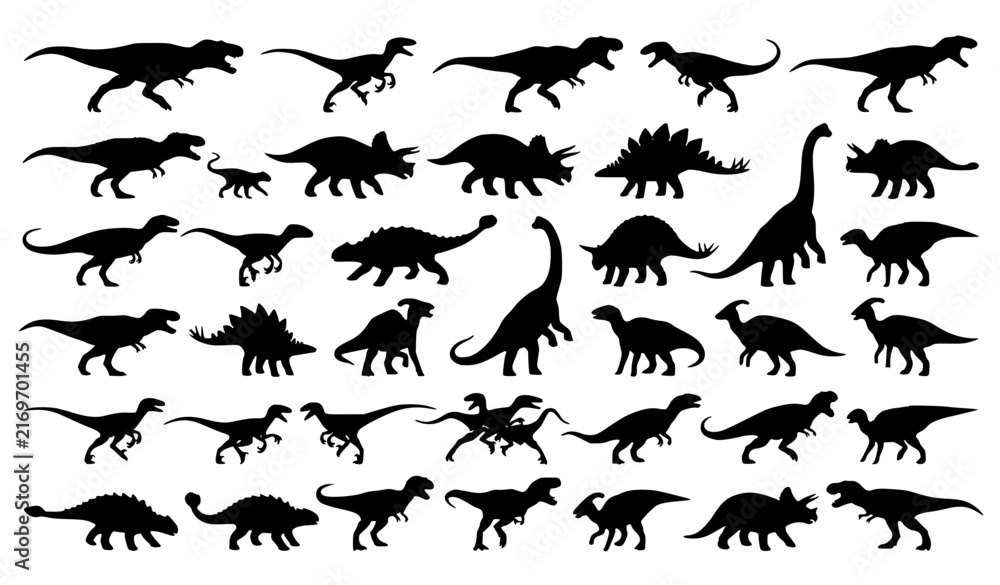 Fototapeta premium Prehistoric Dinosaur Black Silhouette Walking Running Roaring Hunting Vector Set