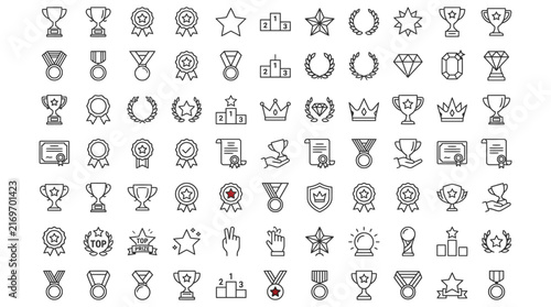 Award and trophy line icon set with medals and certificates