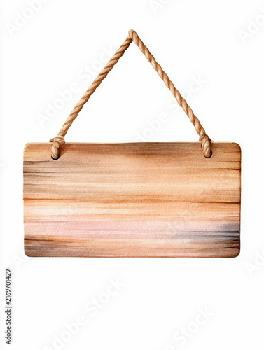 Wooden sign with rope hanger isolated on white background, natural texture and blank space for text or design, rustic style board for decoration