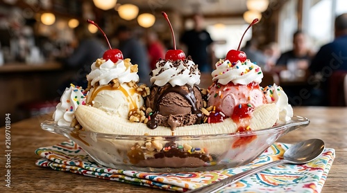 Banana split dessert with three scoops of ice cream and whipped cream sits on a rustic wooden table in a.