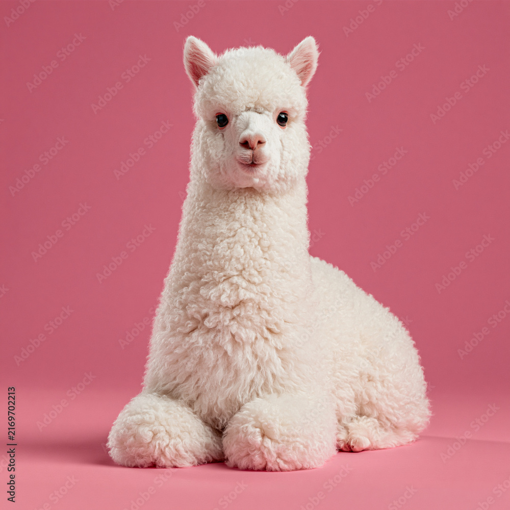 Naklejka premium Cute white alpaca sitting against a pink background with cute animal