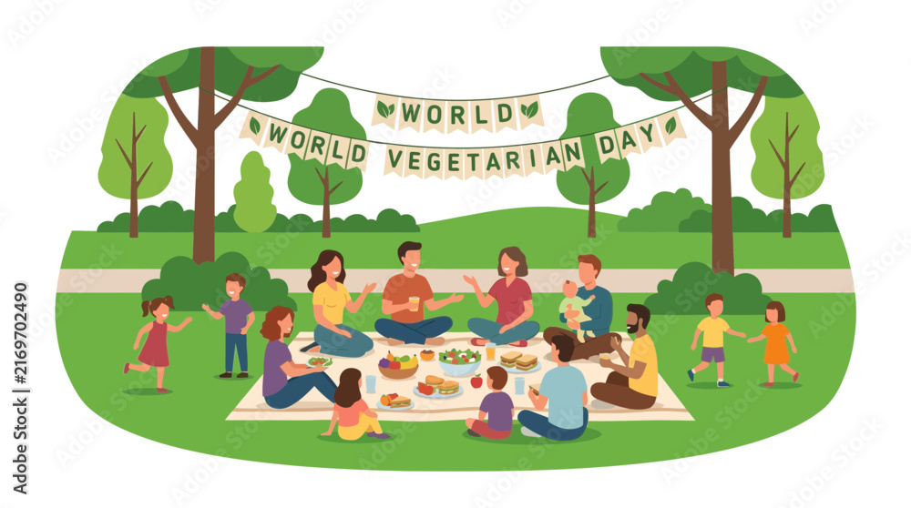 Fototapeta premium Happy Family Picnic Celebrating World Vegetarian Day Outdoors