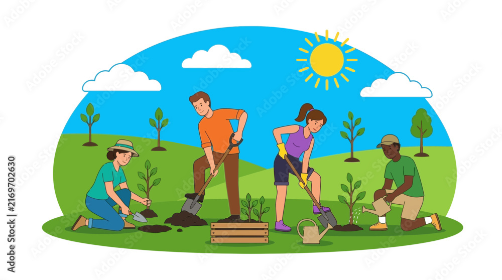 Naklejka premium Diverse group planting trees outdoors in sunny park, teamwork, environment, gardening