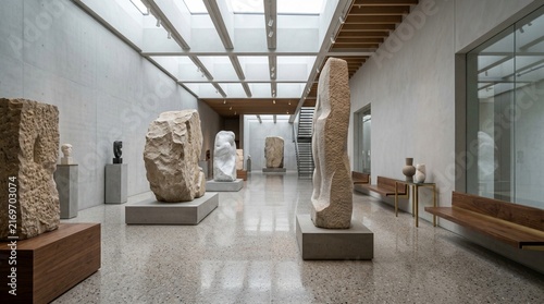 Modern Art Gallery Interior with Stone Sculptures and Natural Light