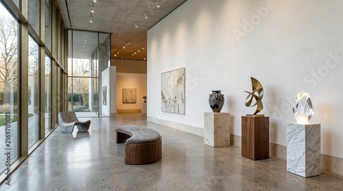 Modern Art Gallery with Sculptures and Paintings